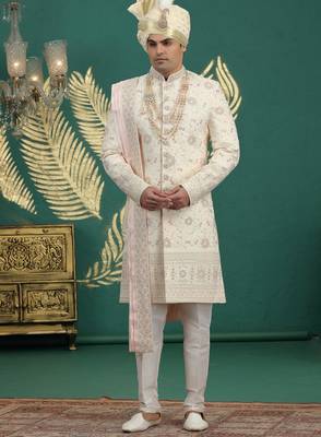 gold computer thread work on art silk sherwani for men  1