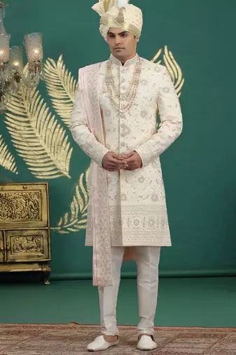 gold computer thread work on art silk sherwani for men 