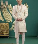 gold computer thread work on art silk sherwani for men 