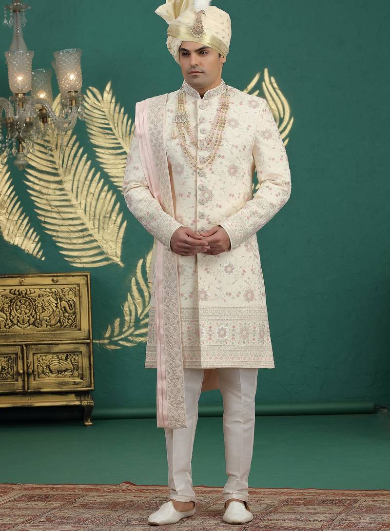 gold computer thread work on art silk sherwani for men 