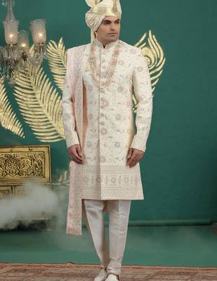 gold computer thread work on art silk sherwani for men  2