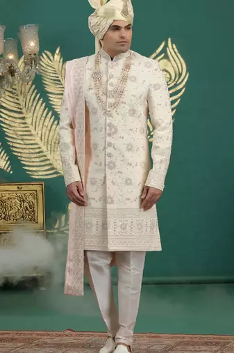gold computer thread work on art silk sherwani for men 