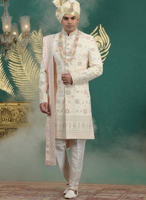 gold computer thread work on art silk sherwani for men  3