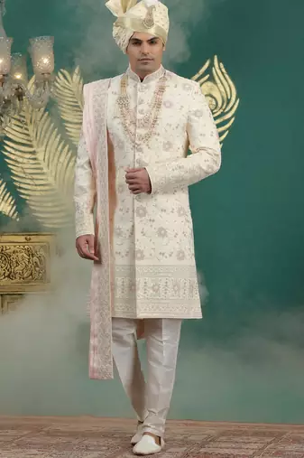 gold computer thread work on art silk sherwani for men 