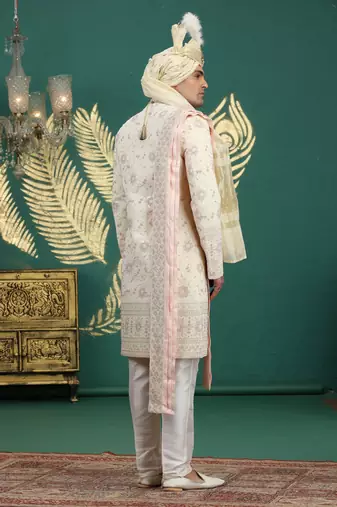 gold computer thread work on art silk sherwani for men 