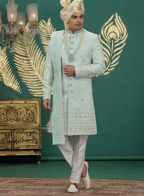 pista green computer thread work on art silk sherwani for men  1