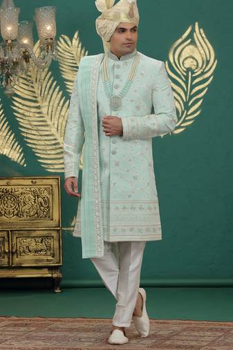 pista green computer thread work on art silk sherwani for men 