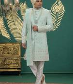 pista green computer thread work on art silk sherwani for men 
