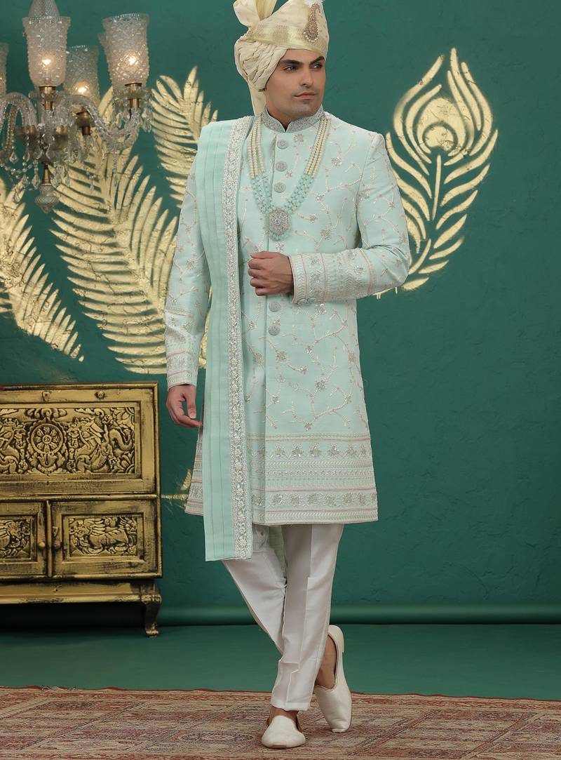 pista green computer thread work on art silk sherwani for men 