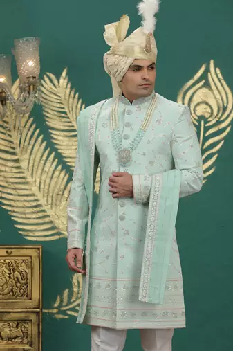 pista green computer thread work on art silk sherwani for men 
