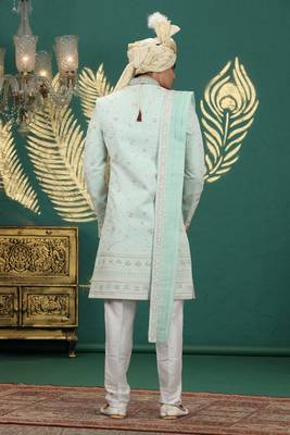 pista green computer thread work on art silk sherwani for men  3