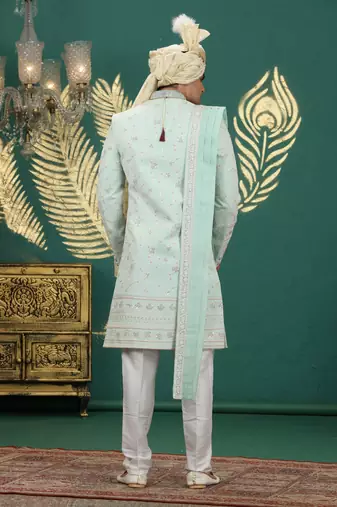 pista green computer thread work on art silk sherwani for men 
