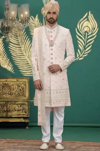 pink computer thread work on art silk sherwani for men 