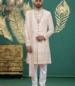 pink computer thread work on art silk sherwani for men 
