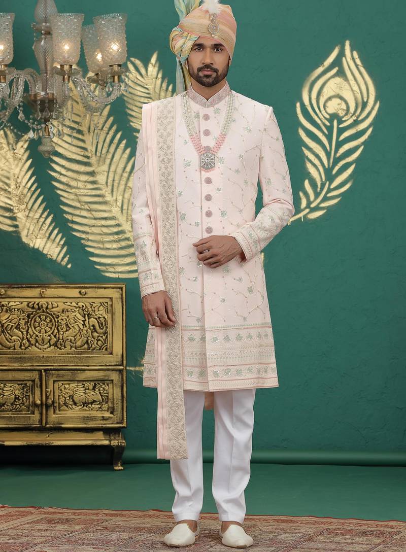 pink computer thread work on art silk sherwani for men 