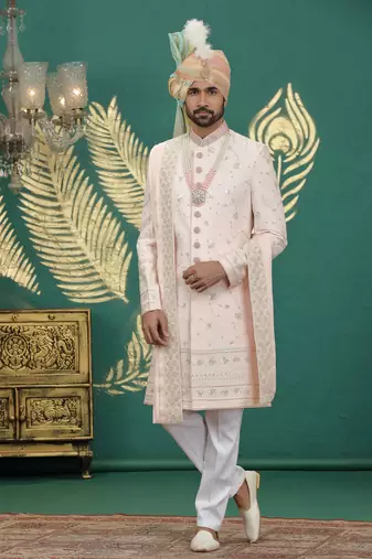 pink computer thread work on art silk sherwani for men 