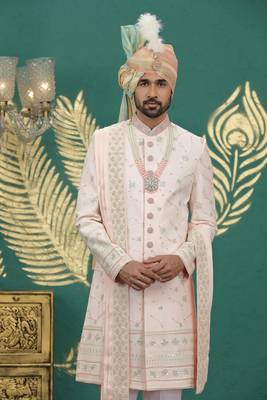 pink computer thread work on art silk sherwani for men  3