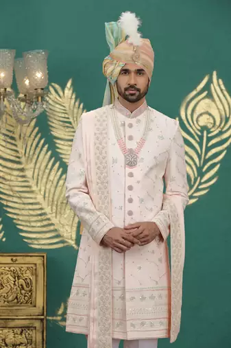pink computer thread work on art silk sherwani for men 