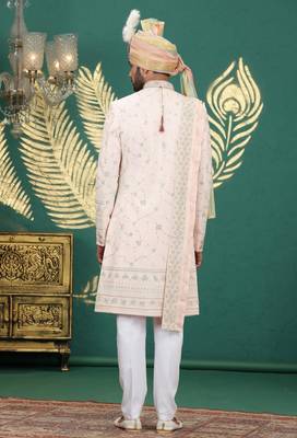 pink computer thread work on art silk sherwani for men  4