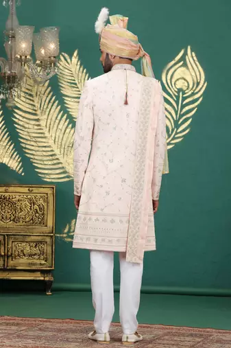 pink computer thread work on art silk sherwani for men 