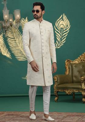 cream computer thread work on art silk sherwani for men  2