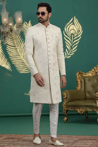 cream computer thread work on art silk sherwani for men 
