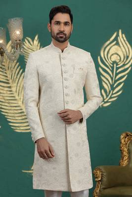 cream computer thread work on art silk sherwani for men  3