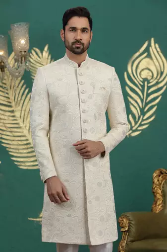 cream computer thread work on art silk sherwani for men 