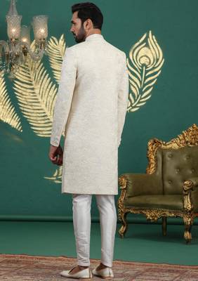cream computer thread work on art silk sherwani for men  4