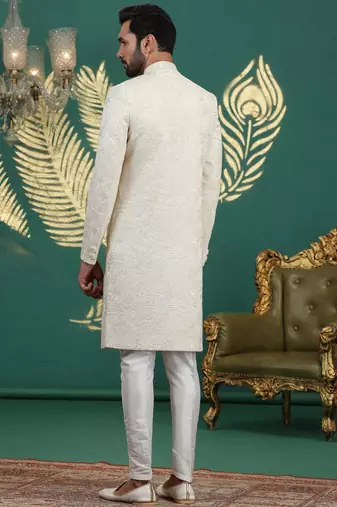 cream computer thread work on art silk sherwani for men 
