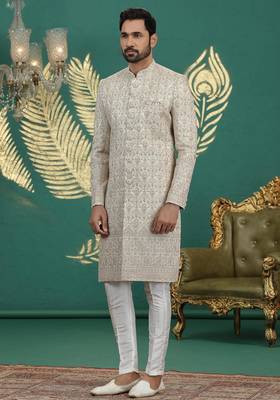 beige computer thread work on art silk sherwani for men  1