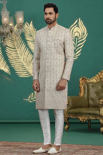beige computer thread work on art silk sherwani for men 