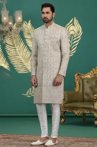 beige computer thread work on art silk sherwani for men 