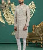 beige computer thread work on art silk sherwani for men 
