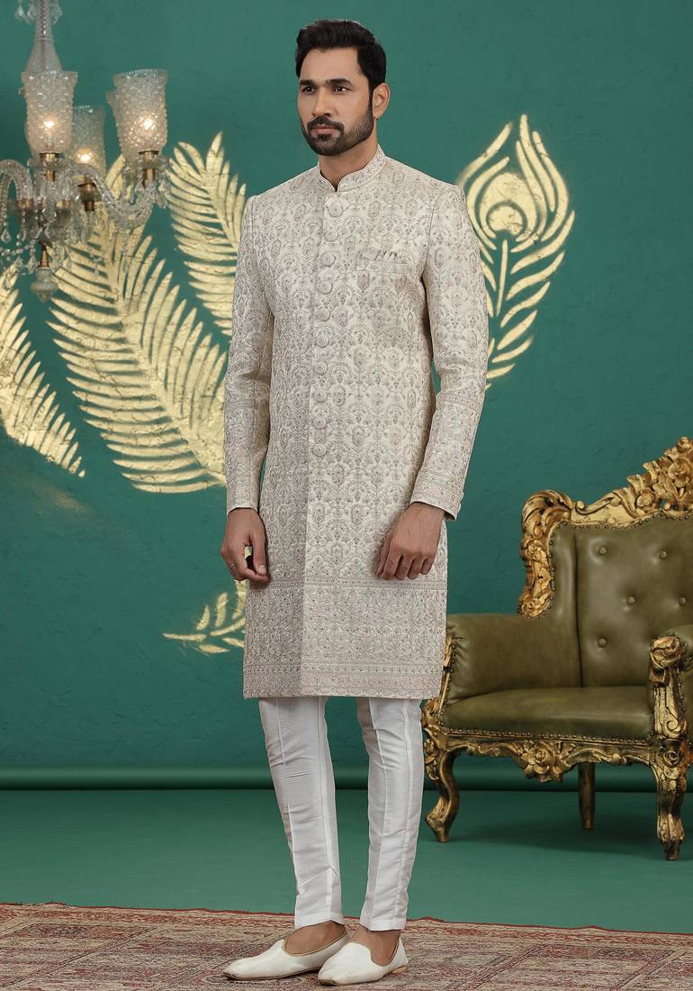 beige computer thread work on art silk sherwani for men 
