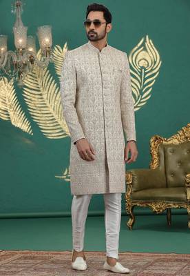 beige computer thread work on art silk sherwani for men  2