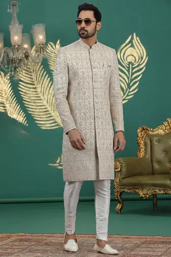 beige computer thread work on art silk sherwani for men 