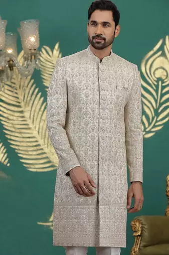 beige computer thread work on art silk sherwani for men 