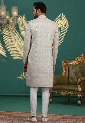 beige computer thread work on art silk sherwani for men  4