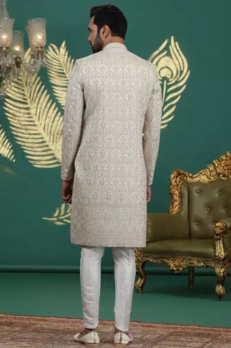 beige computer thread work on art silk sherwani for men 