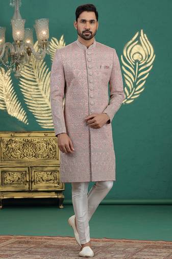 pink computer thread work on art silk sherwani for men 