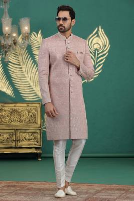 pink computer thread work on art silk sherwani for men  2