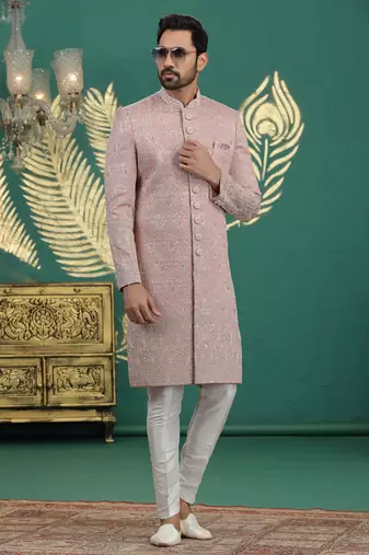pink computer thread work on art silk sherwani for men 