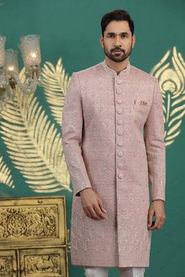 pink computer thread work on art silk sherwani for men  3