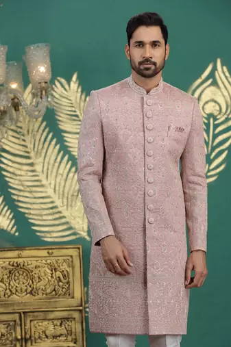 pink computer thread work on art silk sherwani for men 