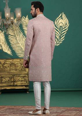 pink computer thread work on art silk sherwani for men  4