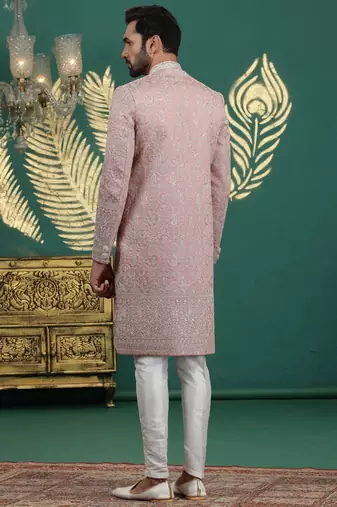 pink computer thread work on art silk sherwani for men 