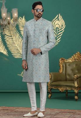 firozi green computer thread work on art silk sherwani for men  2