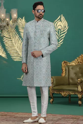 firozi green computer thread work on art silk sherwani for men 