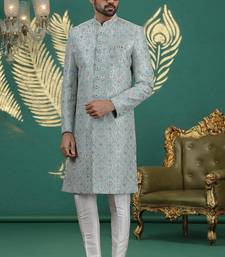 firozi green computer thread work on art silk sherwani for men 